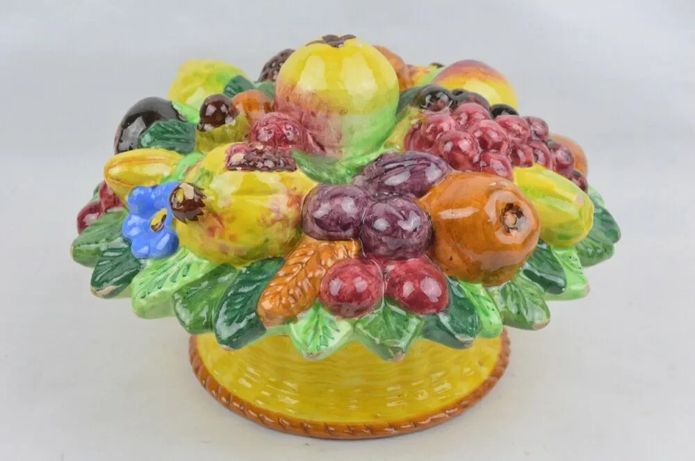 Italian Majolica Ceramic Fruit Basket Canister Jar Lid Centerpiece Antique